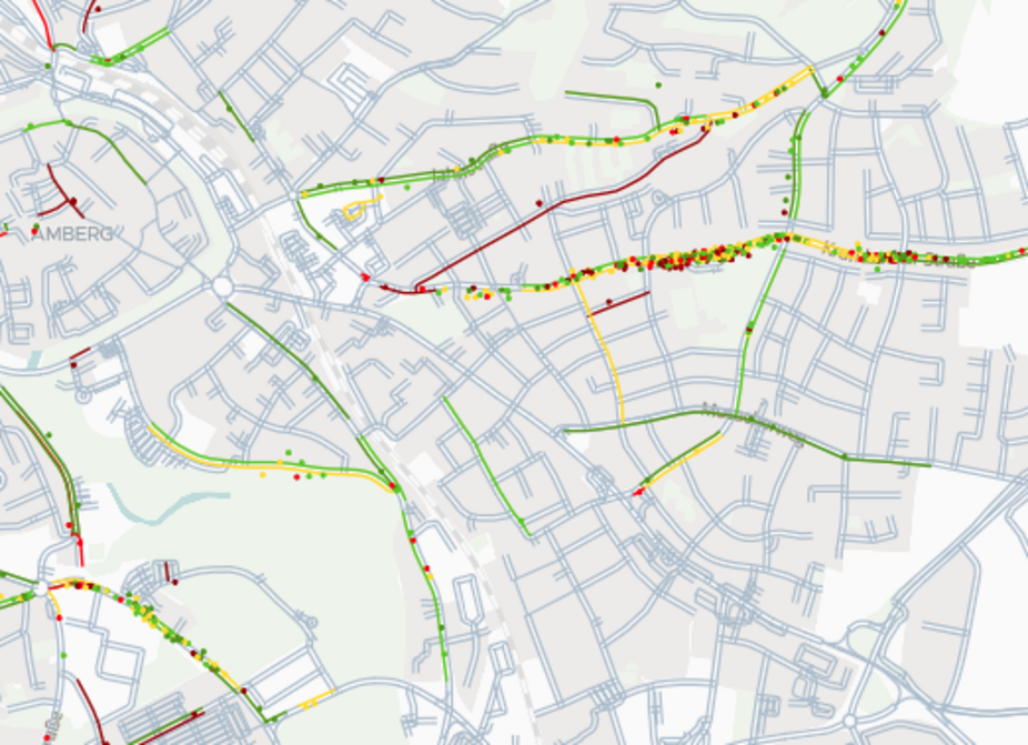 Überholvorgänge visualisiert auf einer Karte Visualisierung von Überholvorgängen in Amberg