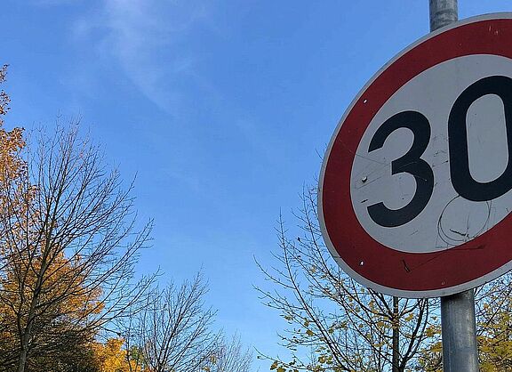Verkehrsschild Tempo 30 vor blauem Himmel und Bäumen